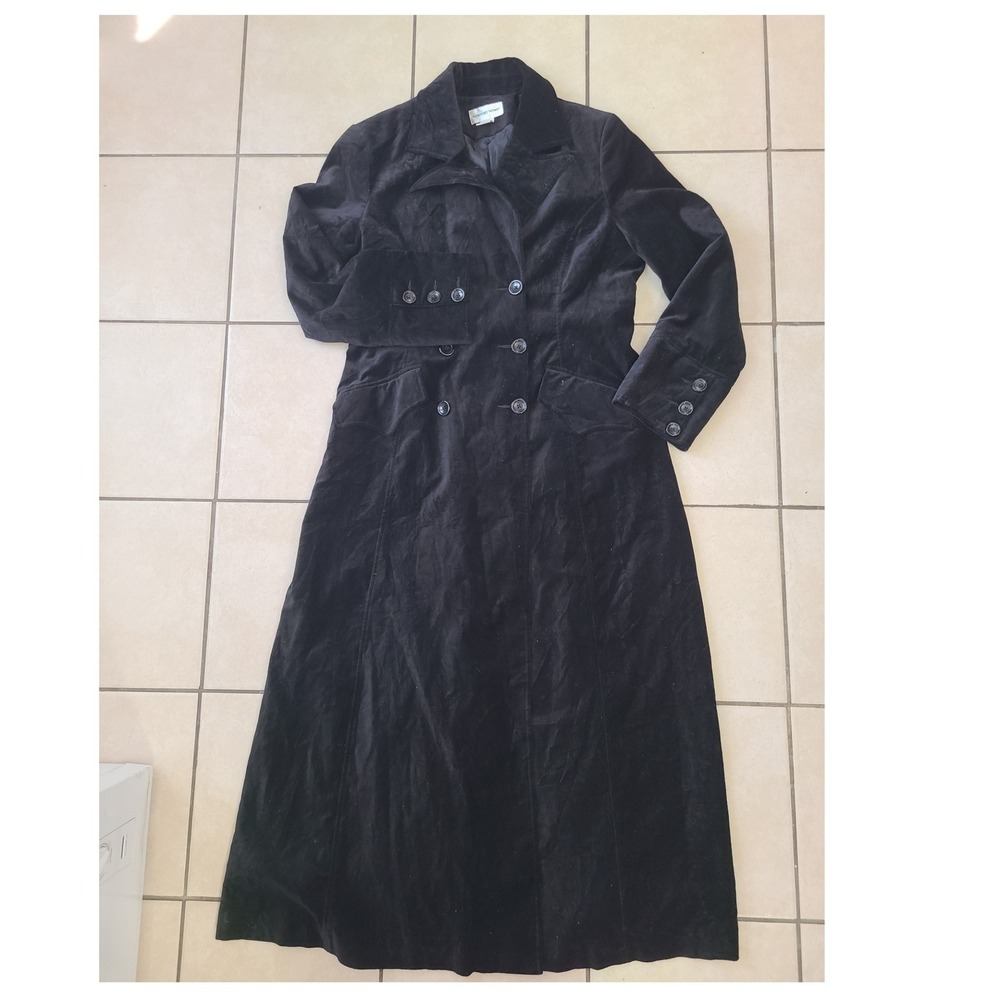 Newport News Velvet Maxi Coat Women 16 Black Double Breasted Goth 90s